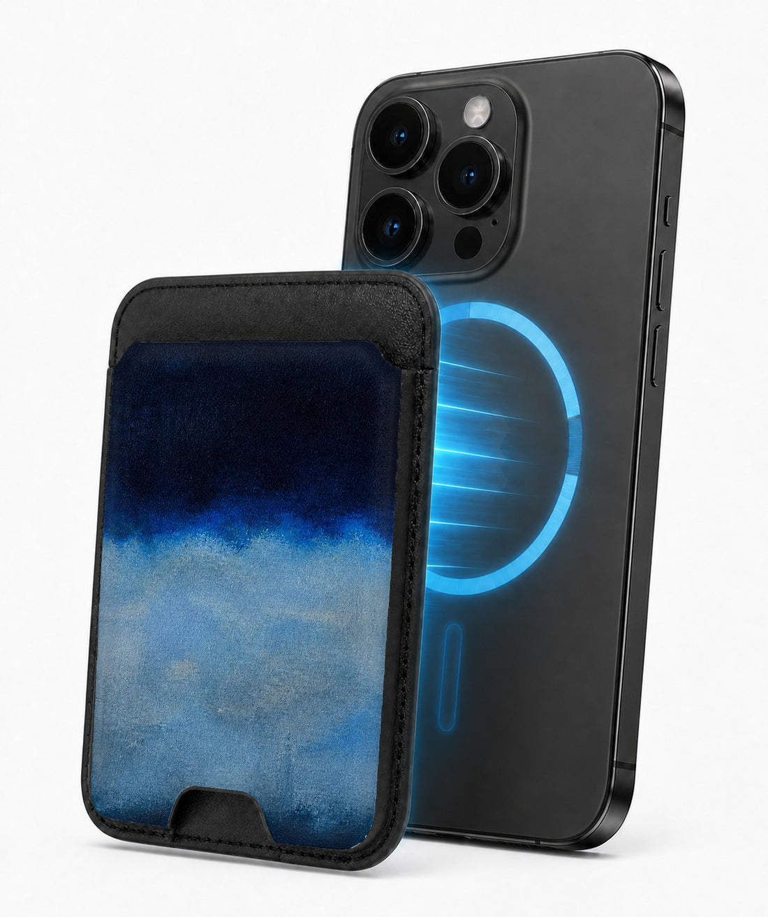 Midnight Navy Sky Blue Color Block MagSafe card holder attached to a compatible iPhone