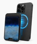 Midnight Navy Sky Blue Color Block MagSafe card holder attached to a compatible iPhone