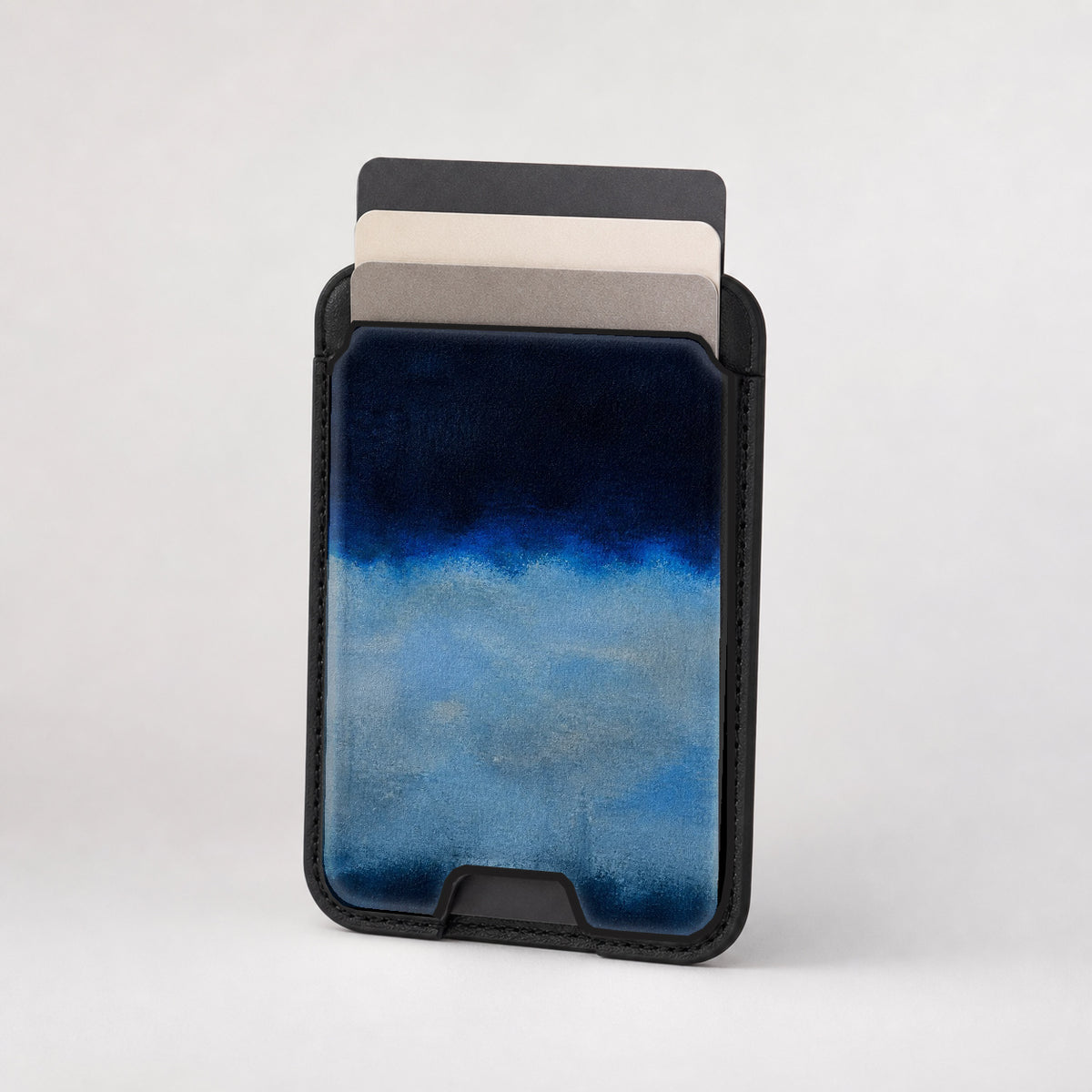 Midnight Navy Sky Blue Color Block MagSafe card holder showing the patterned front