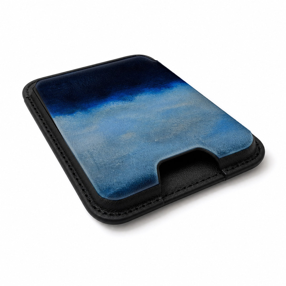 Midnight Navy Sky Blue Color Block MagSafe card holder showing the angled leather surface
