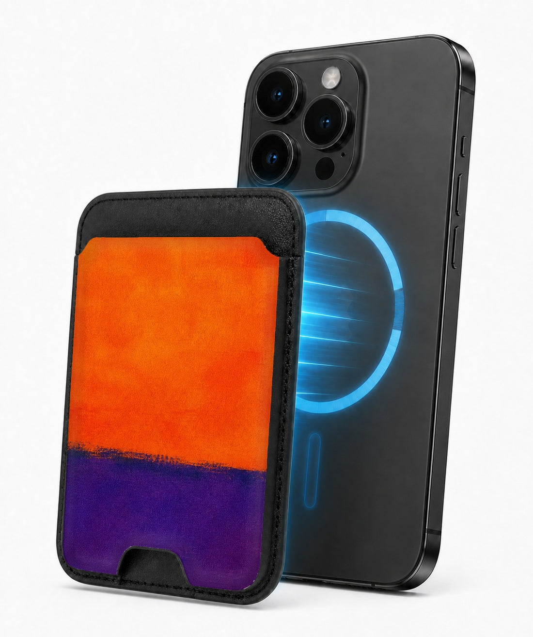 Tangerine Purple Color Block MagSafe card holder attached to a compatible iPhone