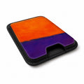 Tangerine Purple Color Block MagSafe card holder showing the angled leather surface