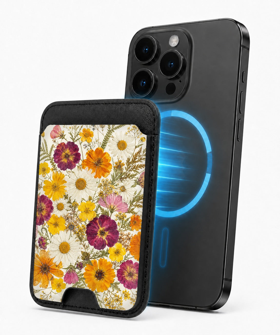 Pressed Daisy Wildflower Bouquet MagSafe card holder attached to a compatible iPhone