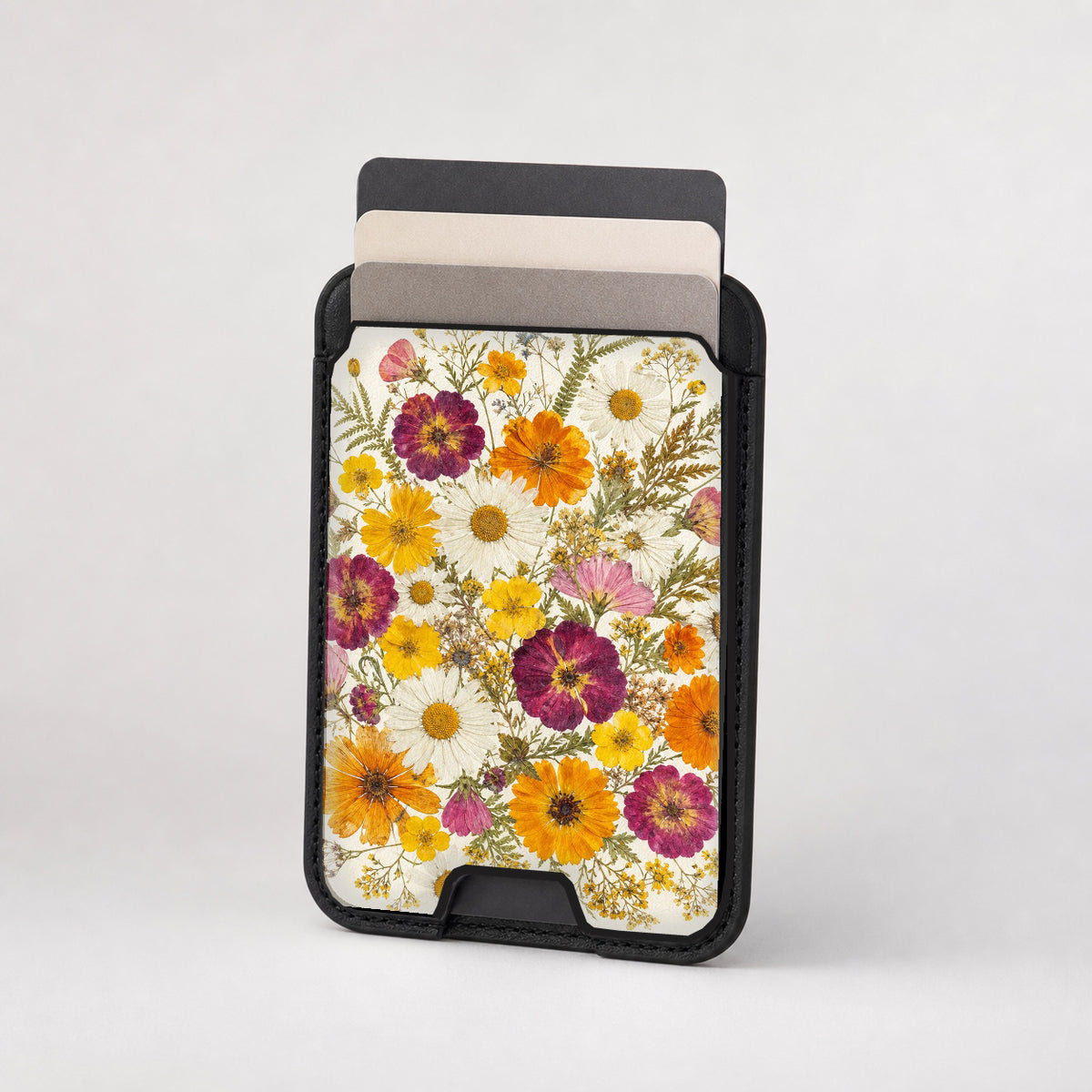 Pressed Daisy Wildflower Bouquet MagSafe card holder showing the patterned front