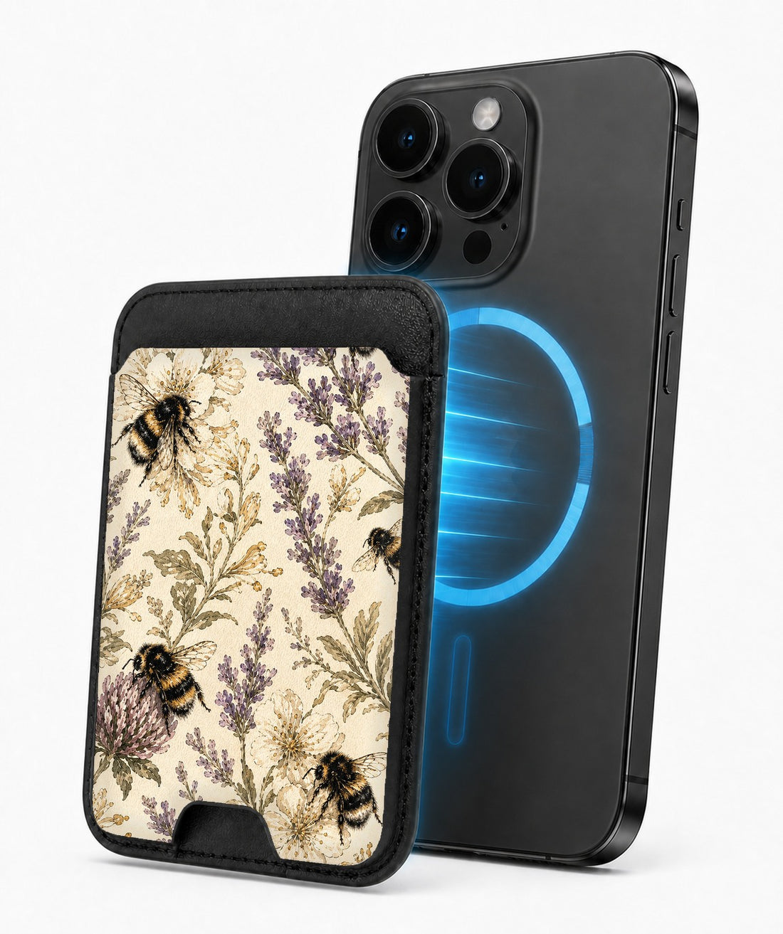 Lavender Bumblebee Botanical MagSafe card holder attached to a compatible iPhone