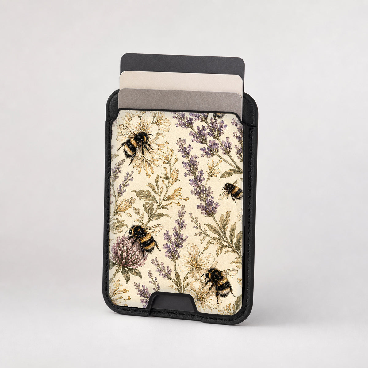 Lavender Bumblebee Botanical MagSafe card holder showing the patterned front