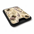 Lavender Bumblebee Botanical MagSafe card holder showing the angled leather surface