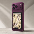 Lavender Bumblebee Botanical MagSafe card holder showing the detailed leather finish