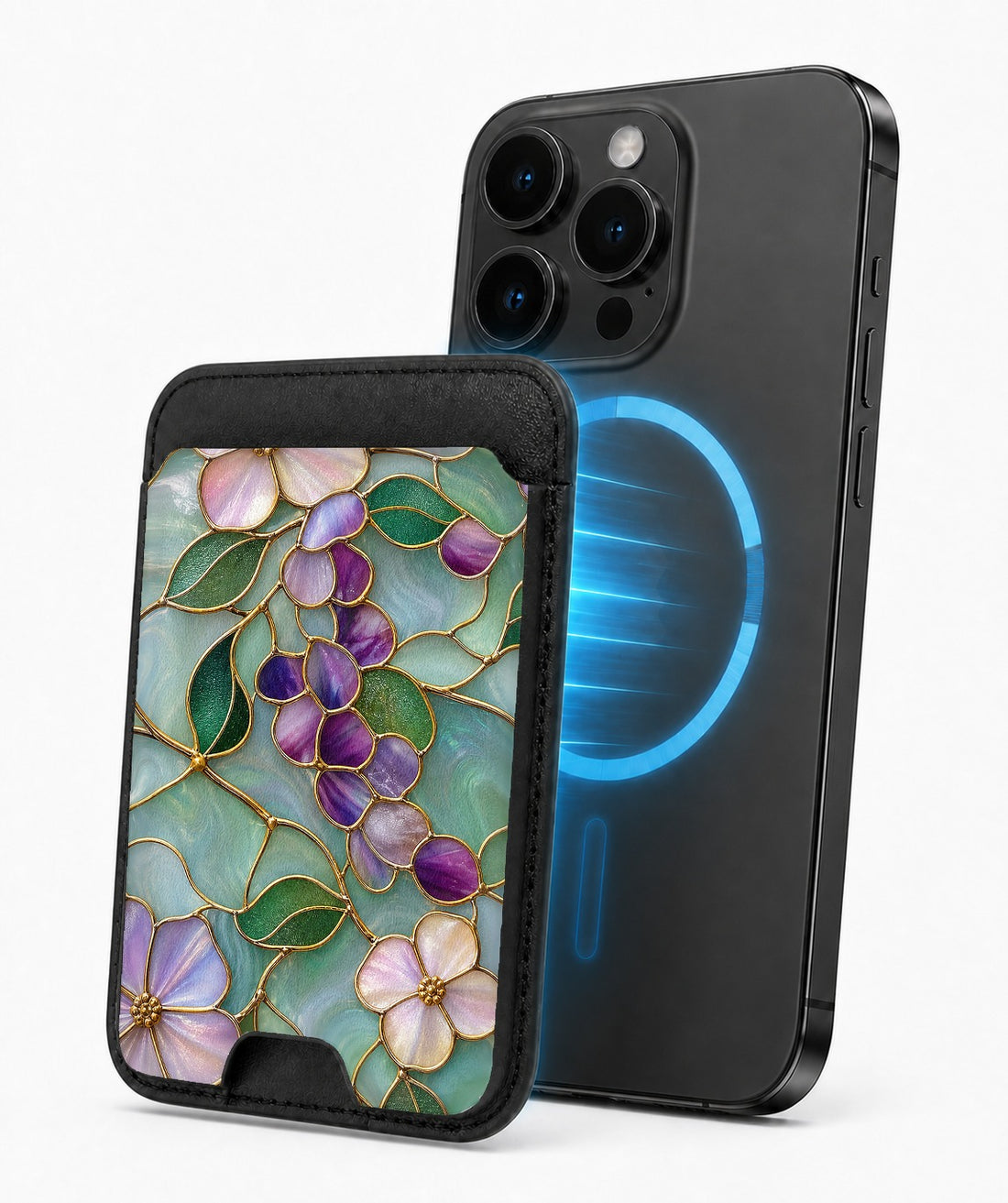 Aqua Grape Stained Glass Floral MagSafe card holder attached to a compatible iPhone
