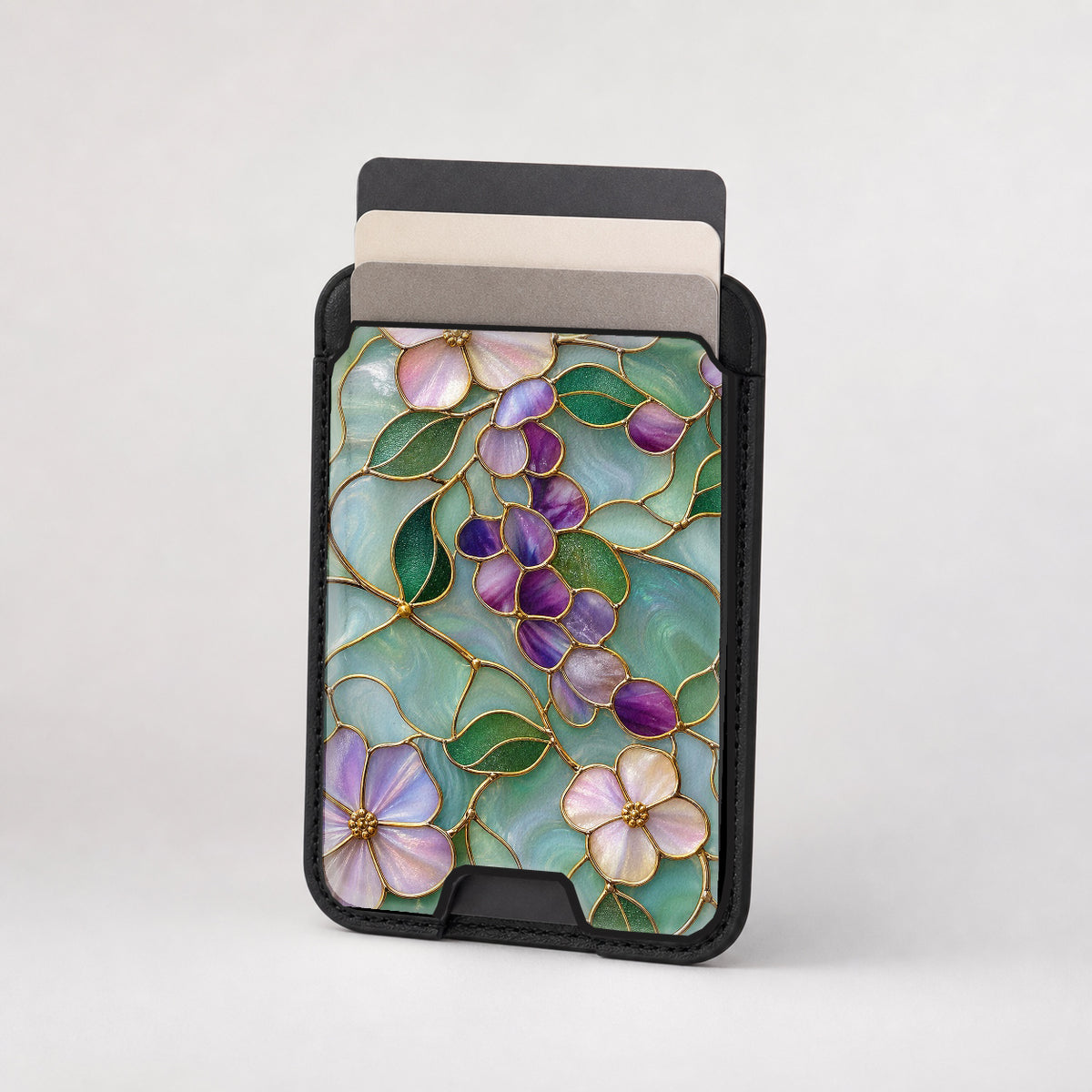 Aqua Grape Stained Glass Floral MagSafe card holder showing the patterned front