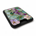Aqua Grape Stained Glass Floral MagSafe card holder showing the angled leather surface