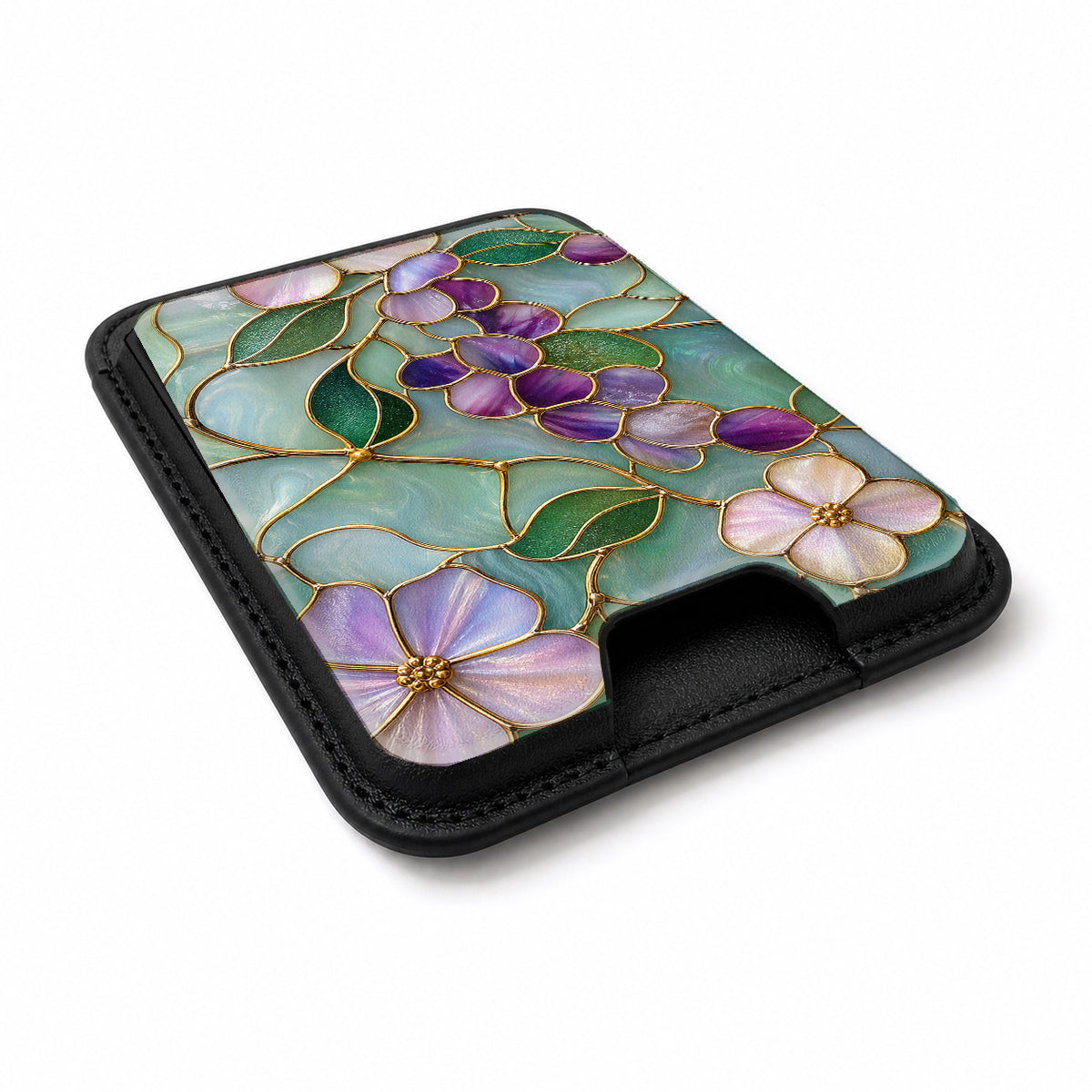 Aqua Grape Stained Glass Floral MagSafe card holder showing the angled leather surface