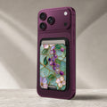 Aqua Grape Stained Glass Floral MagSafe card holder showing the detailed leather finish