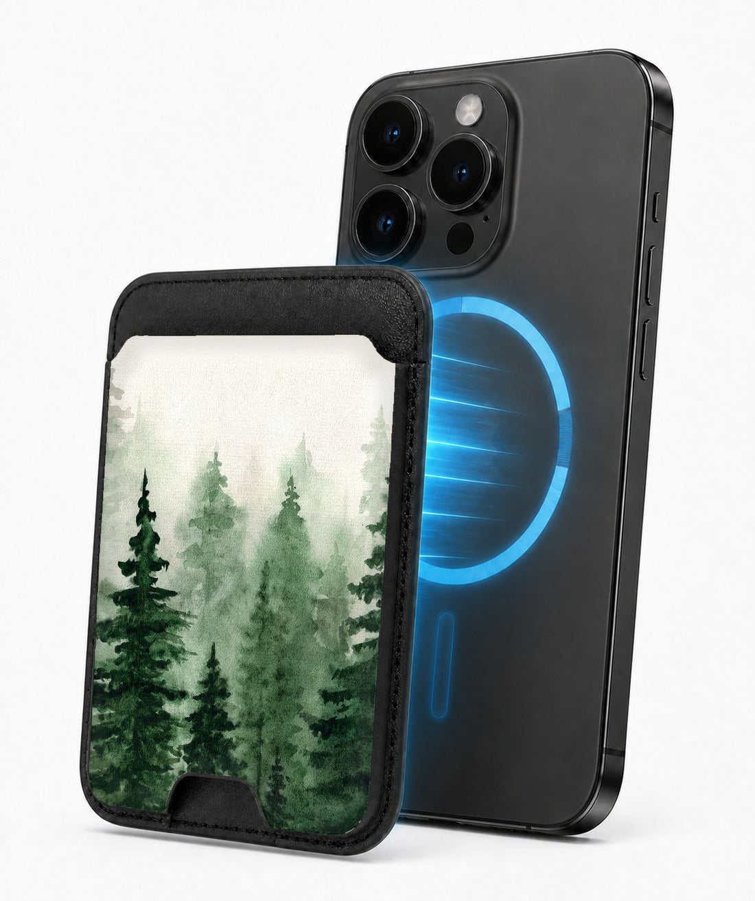 Misty Evergreen Forest MagSafe card holder attached to a compatible iPhone