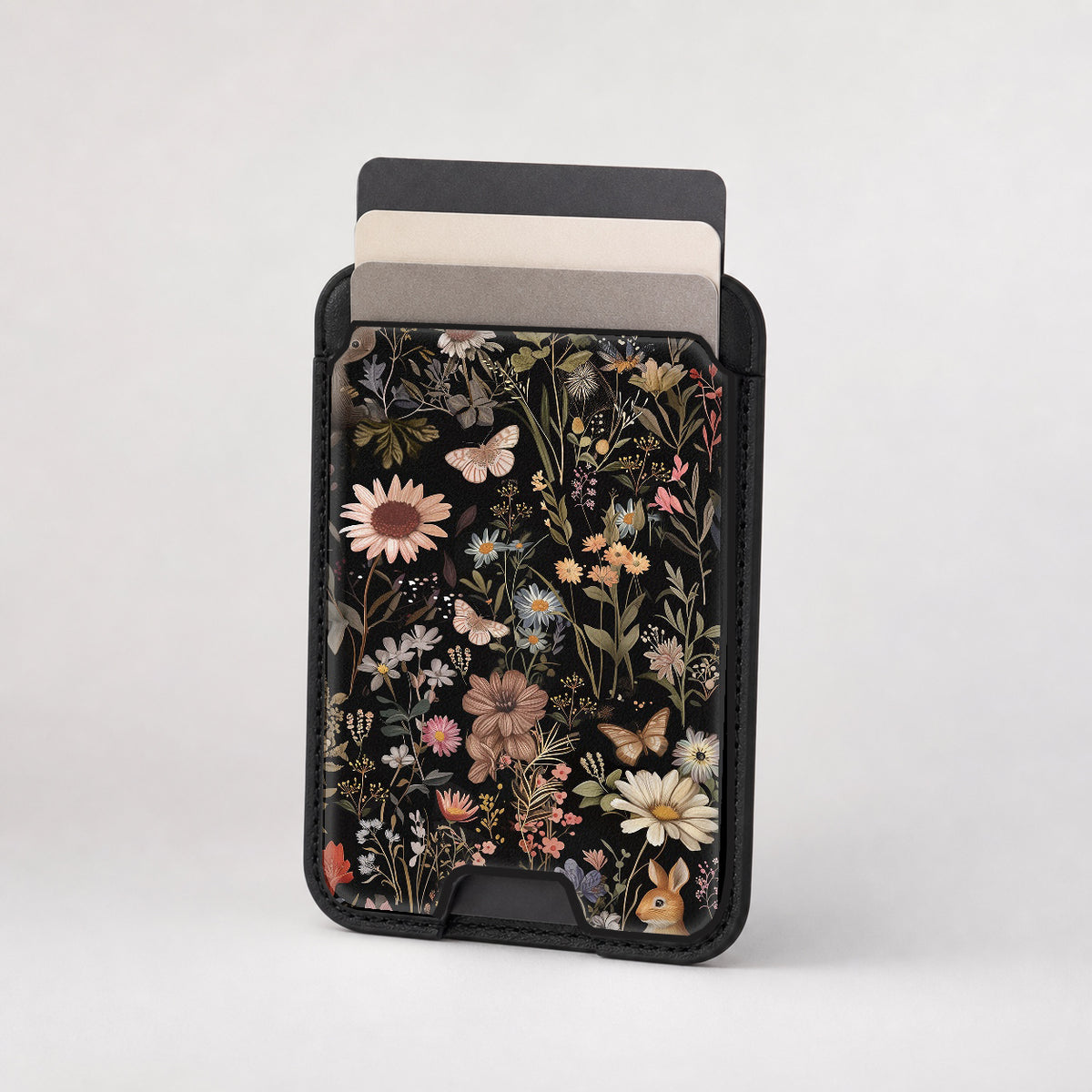 Dark Cottage Garden Floral MagSafe card holder showing the patterned front