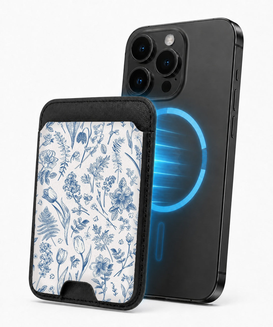 Blue Toile Wildflower MagSafe card holder attached to a compatible iPhone