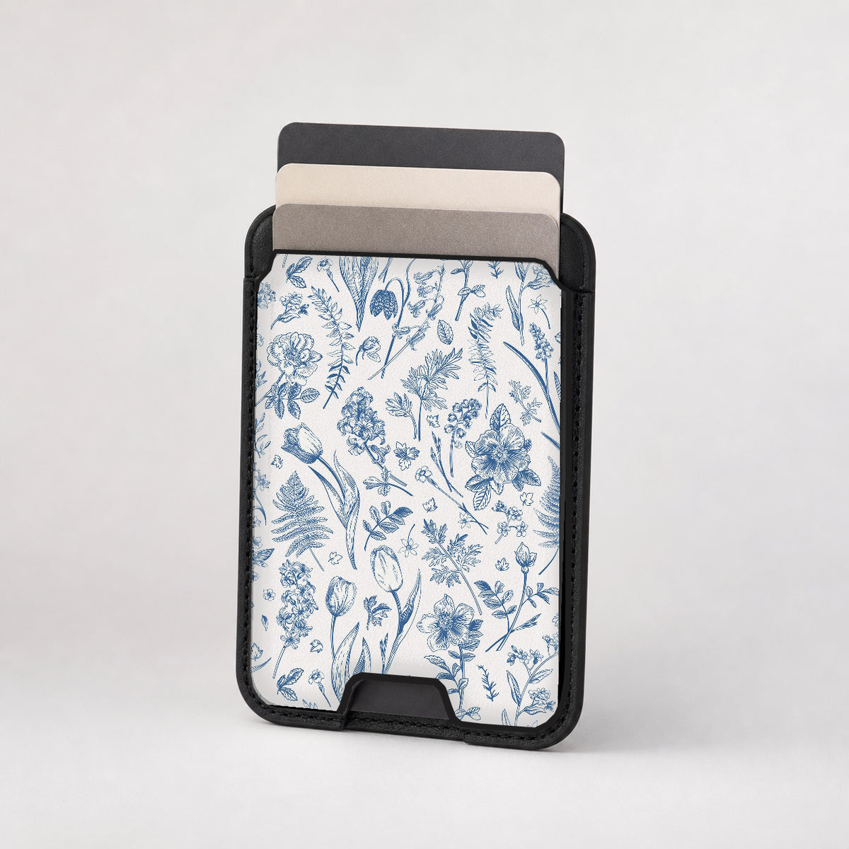 Blue Toile Wildflower MagSafe card holder showing the patterned front