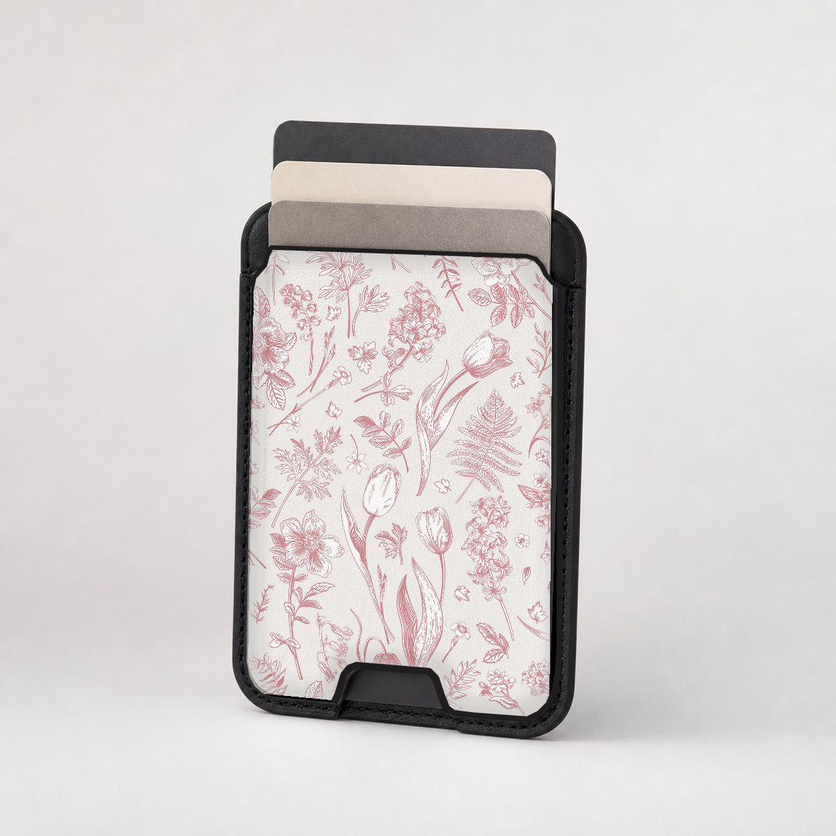 Pink Toile Wildflower MagSafe card holder showing the patterned front
