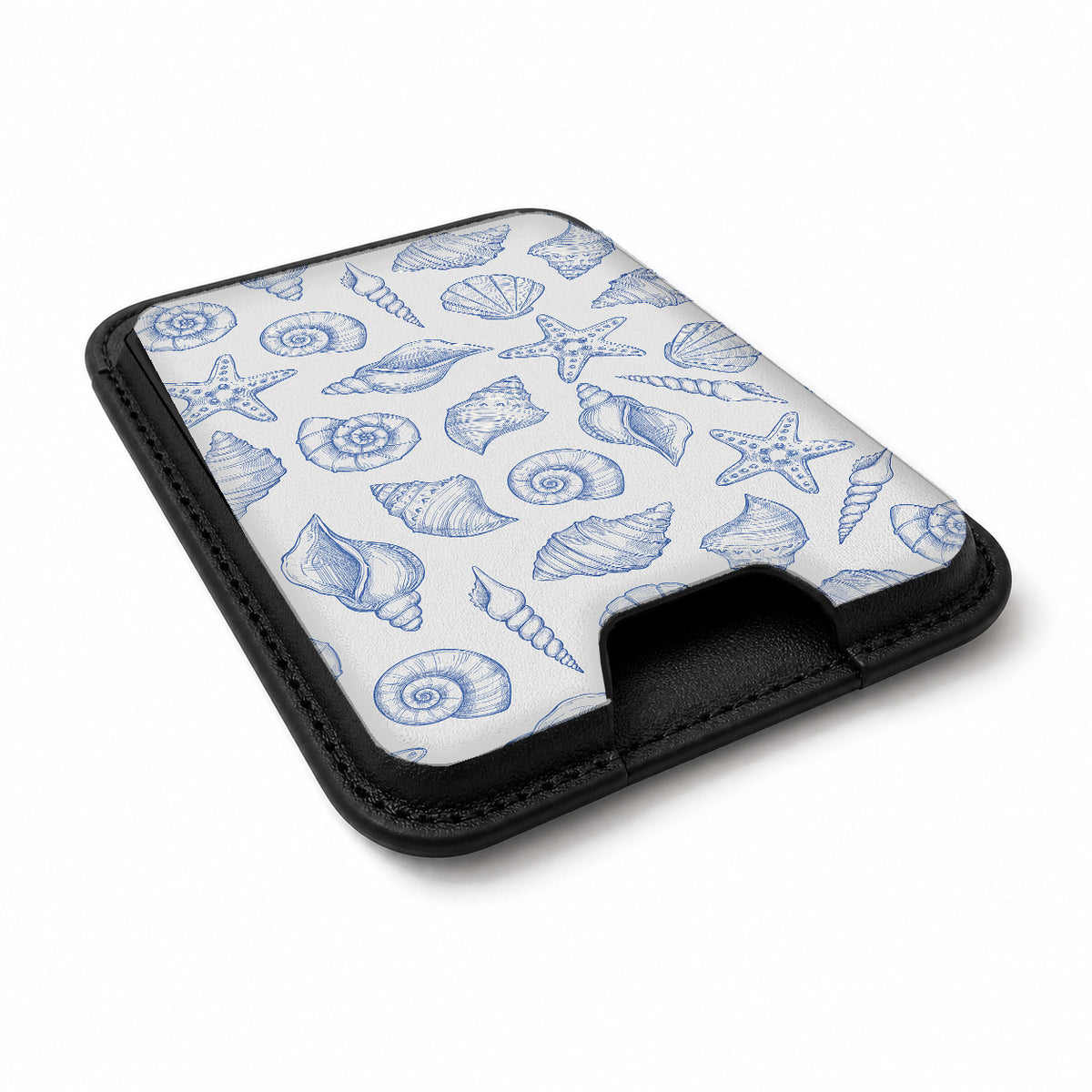 Blue Coastal Seashell MagSafe card holder showing the angled leather surface