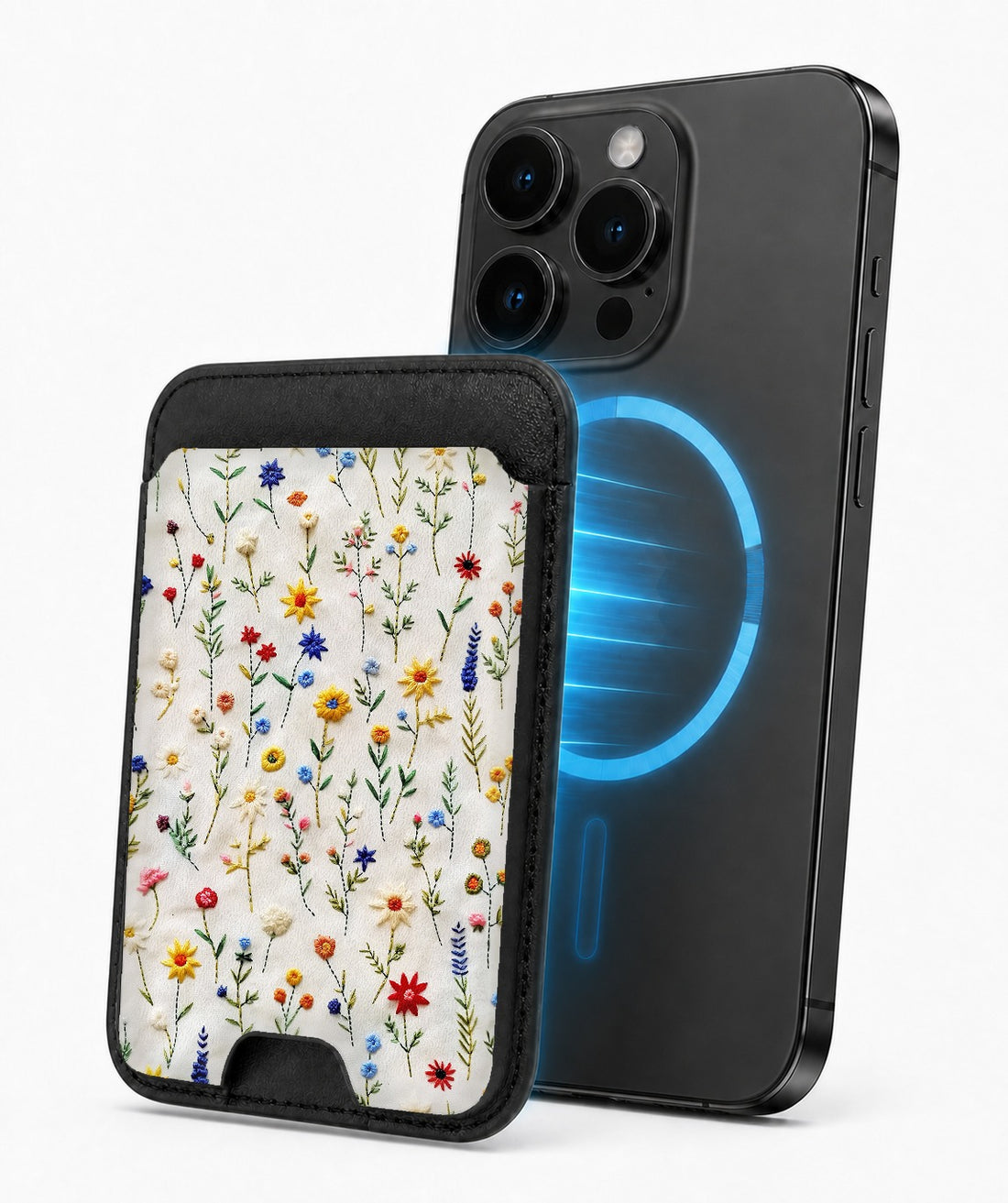 Colorful Pressed Wildflower MagSafe card holder attached to a compatible iPhone