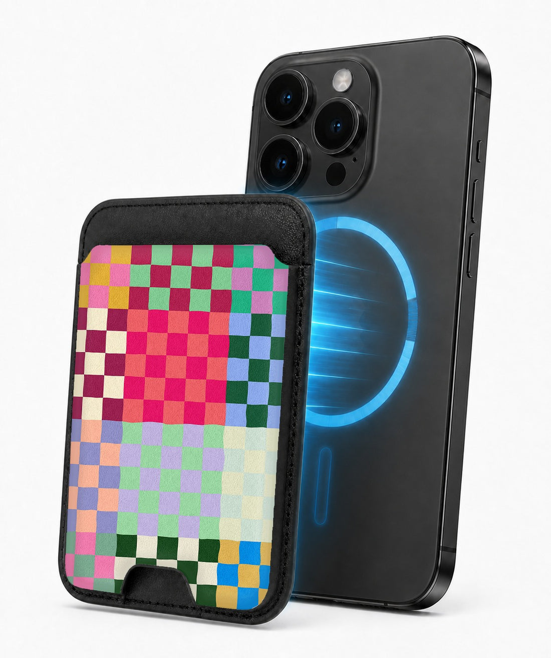 Rainbow Checkerboard Patchwork MagSafe card holder attached to a compatible iPhone