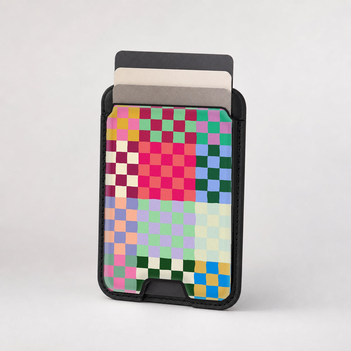 Rainbow Checkerboard Patchwork MagSafe card holder showing the patterned front