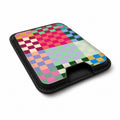 Rainbow Checkerboard Patchwork MagSafe card holder showing the angled leather surface