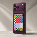 Rainbow Checkerboard Patchwork MagSafe card holder showing the detailed leather finish