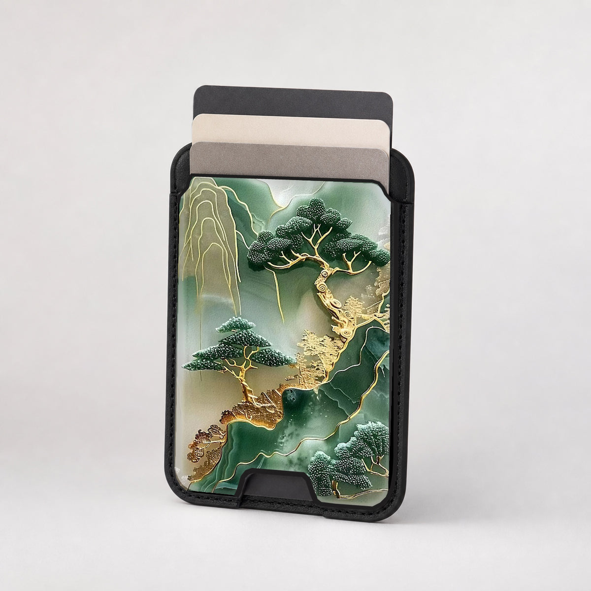 Asian Jade Landscape MagSafe card holder showing the patterned front