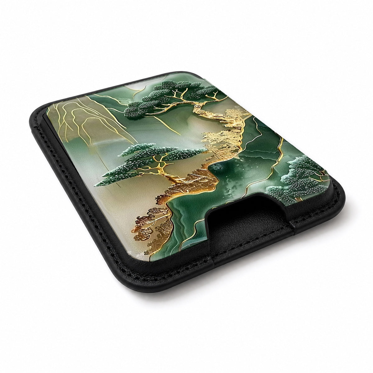 Asian Jade Landscape MagSafe card holder showing the angled leather surface