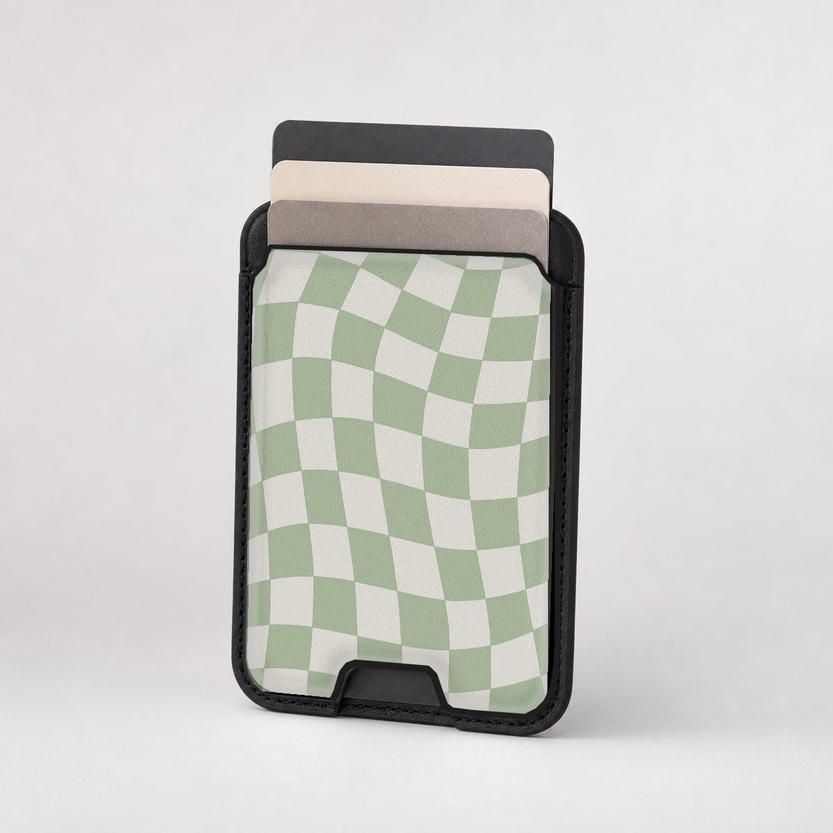 Sage Green Wavy Checkerboard MagSafe card holder showing the patterned front