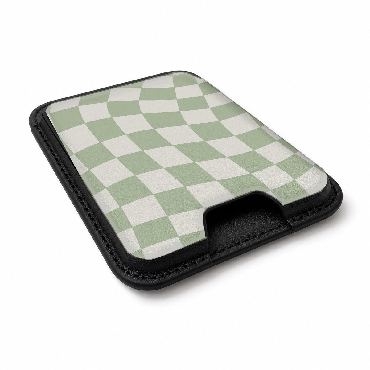 Sage Green Wavy Checkerboard MagSafe card holder showing the angled leather surface