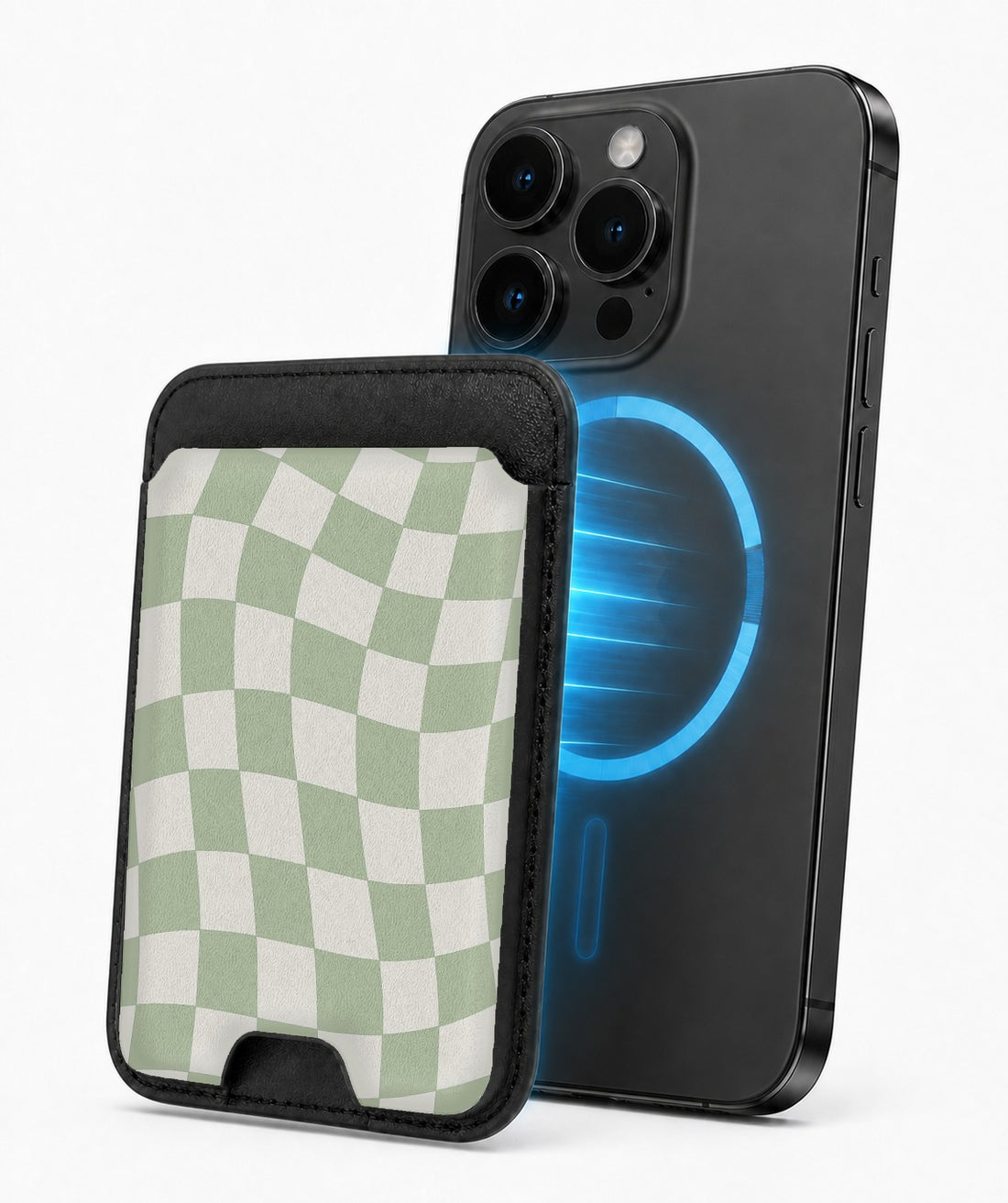 Sage Green Wavy Checkerboard MagSafe card holder attached to a compatible iPhone