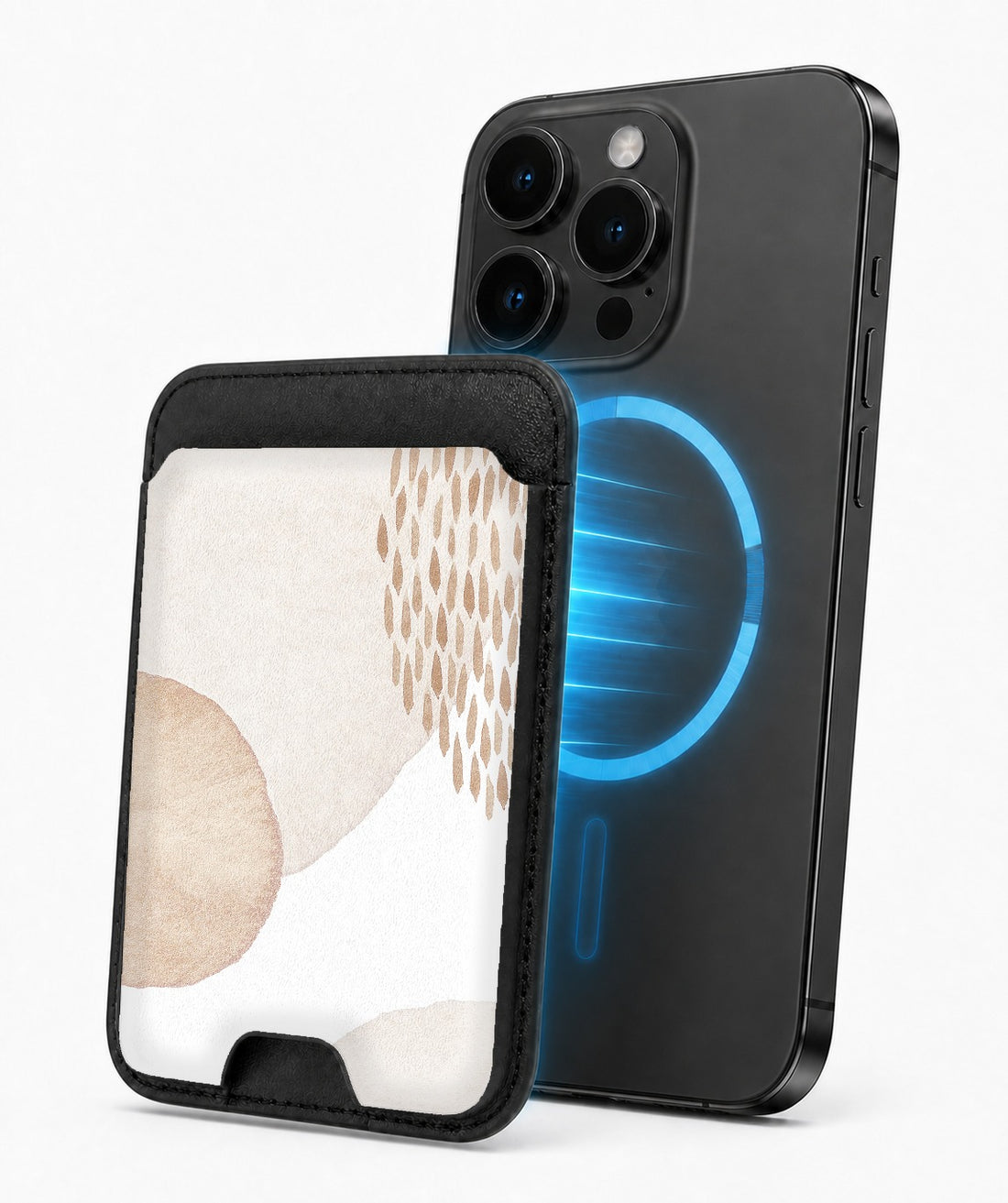 Beige Abstract Pebble MagSafe card holder attached to a compatible iPhone