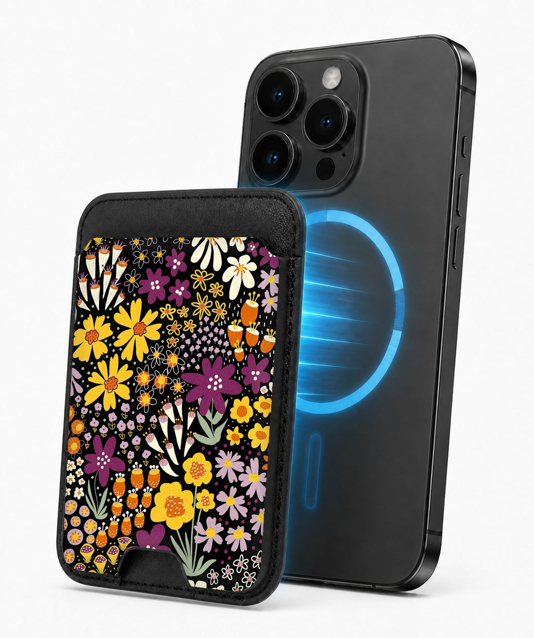 Black Folk Garden Floral MagSafe card holder attached to a compatible iPhone