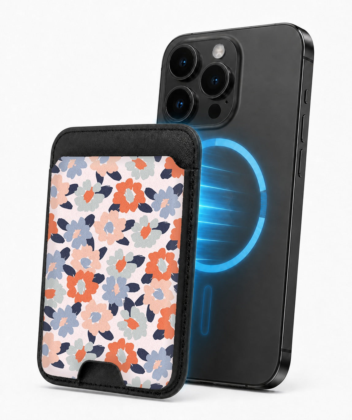 Peach Blue Abstract Leopard MagSafe card holder attached to a compatible iPhone