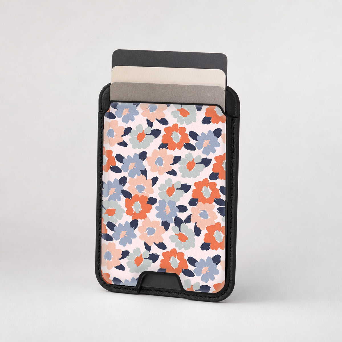 Peach Blue Abstract Leopard MagSafe card holder showing the patterned front