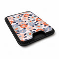 Peach Blue Abstract Leopard MagSafe card holder showing the angled leather surface