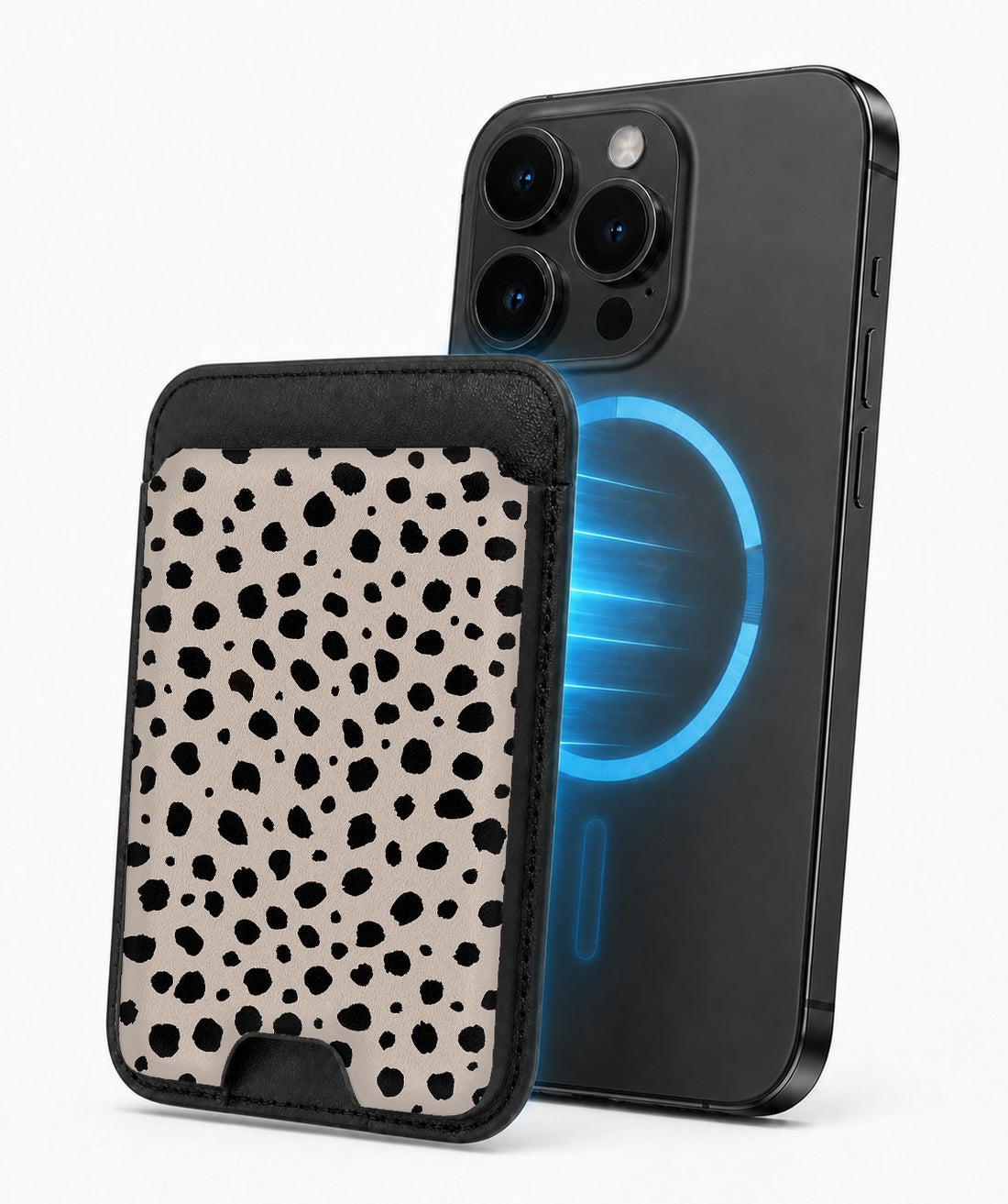 Black Dalmatian Spot MagSafe card holder attached to a compatible iPhone