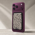 Black Dalmatian Spot MagSafe card holder showing the detailed leather finish