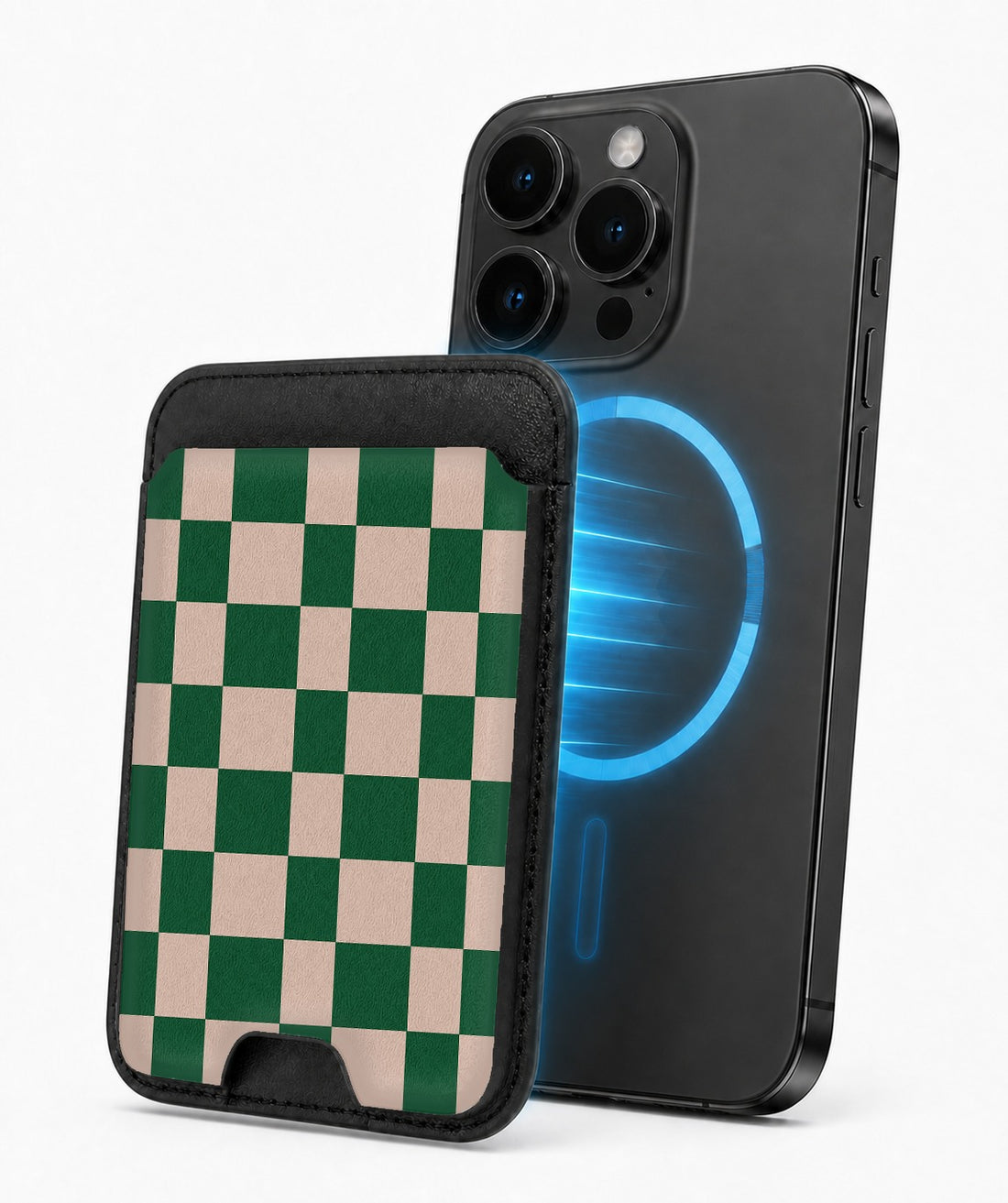 Green Cream Checkerboard MagSafe card holder attached to a compatible iPhone