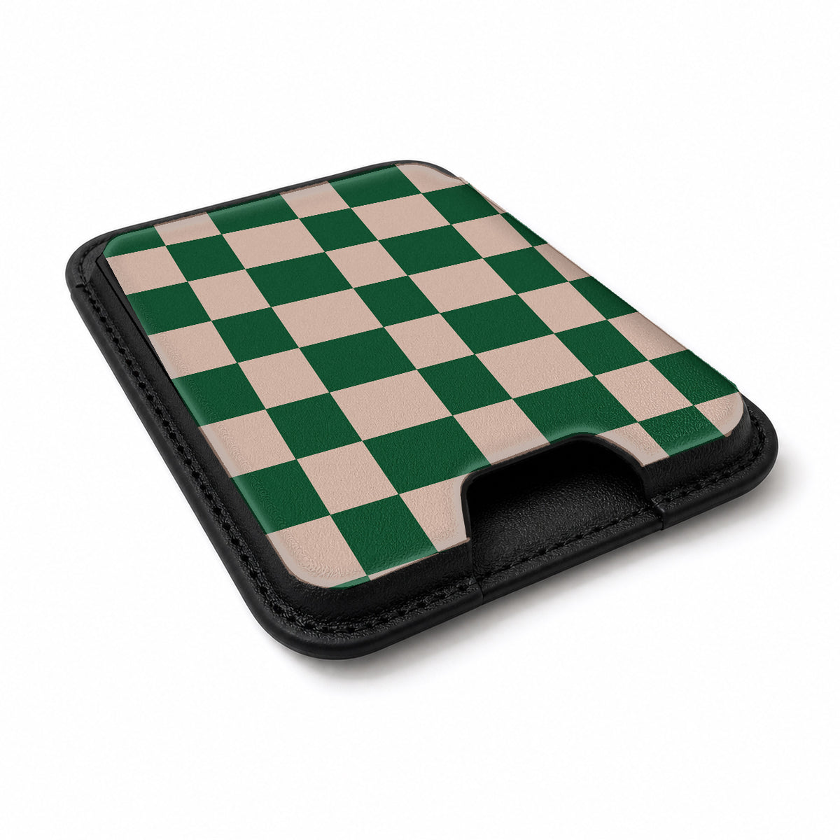 Green Cream Checkerboard MagSafe card holder showing the angled leather surface