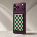 Green Cream Checkerboard MagSafe card holder showing the detailed leather finish