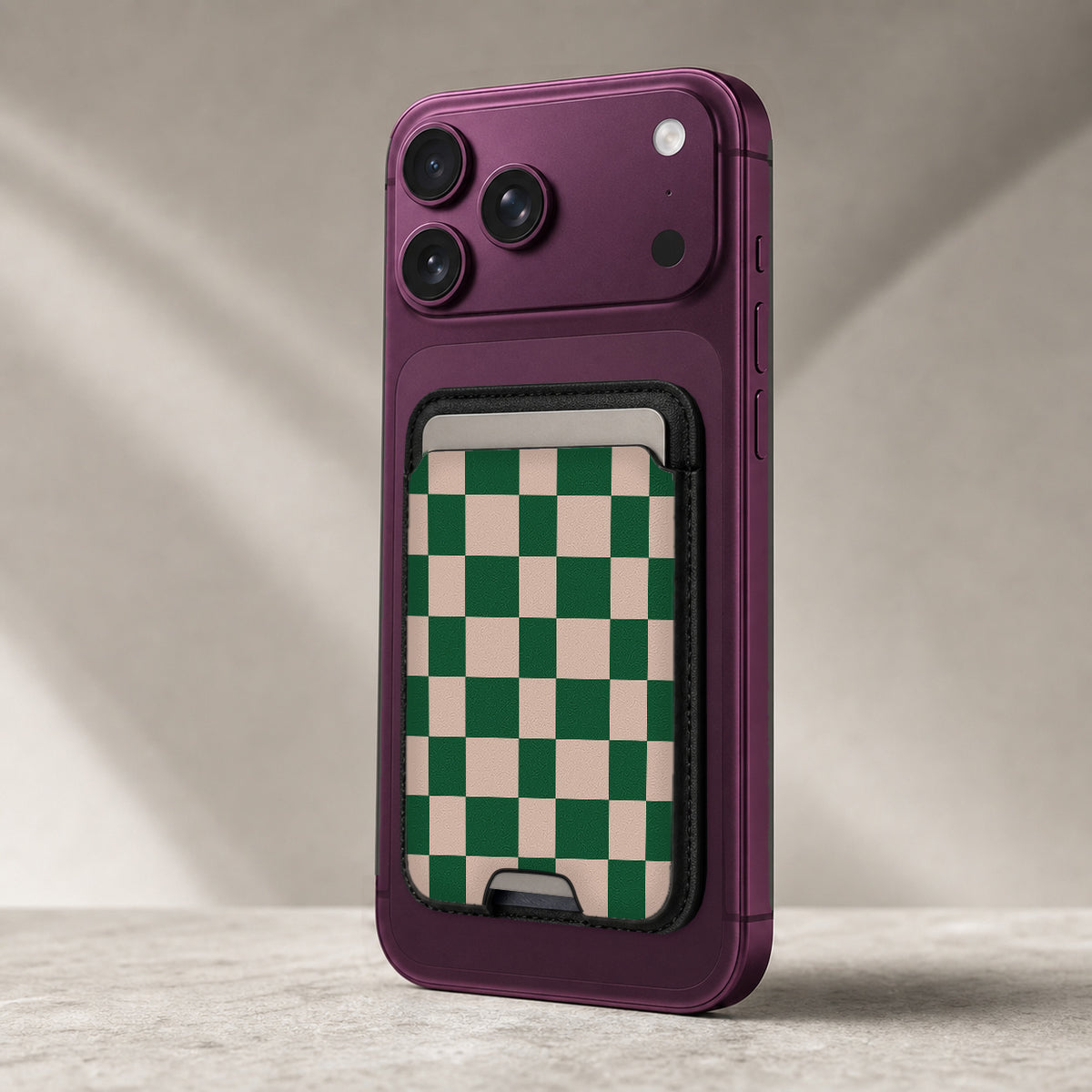 Green Cream Checkerboard MagSafe card holder showing the detailed leather finish