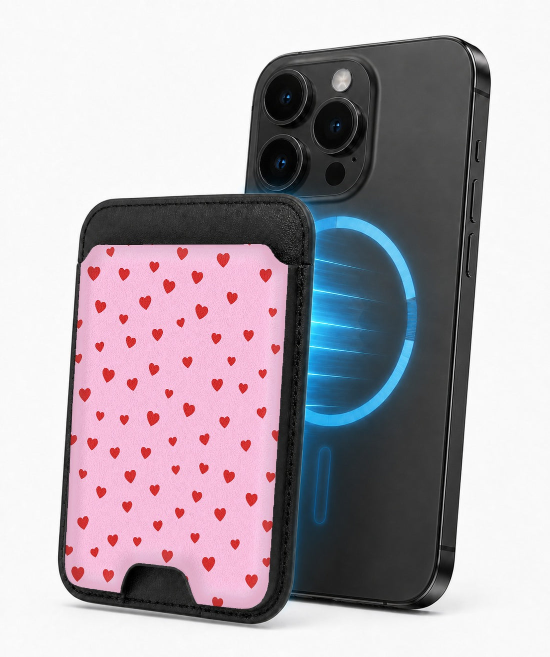 Tiny Red Hearts MagSafe card holder attached to a compatible iPhone