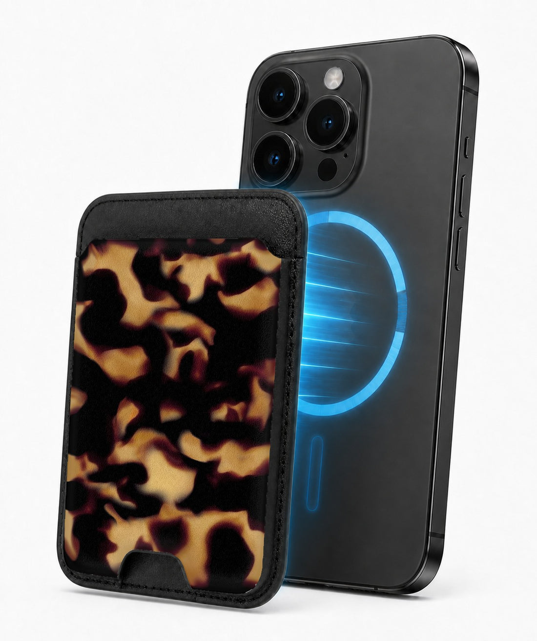 Tortoiseshell MagSafe card holder attached to a compatible iPhone