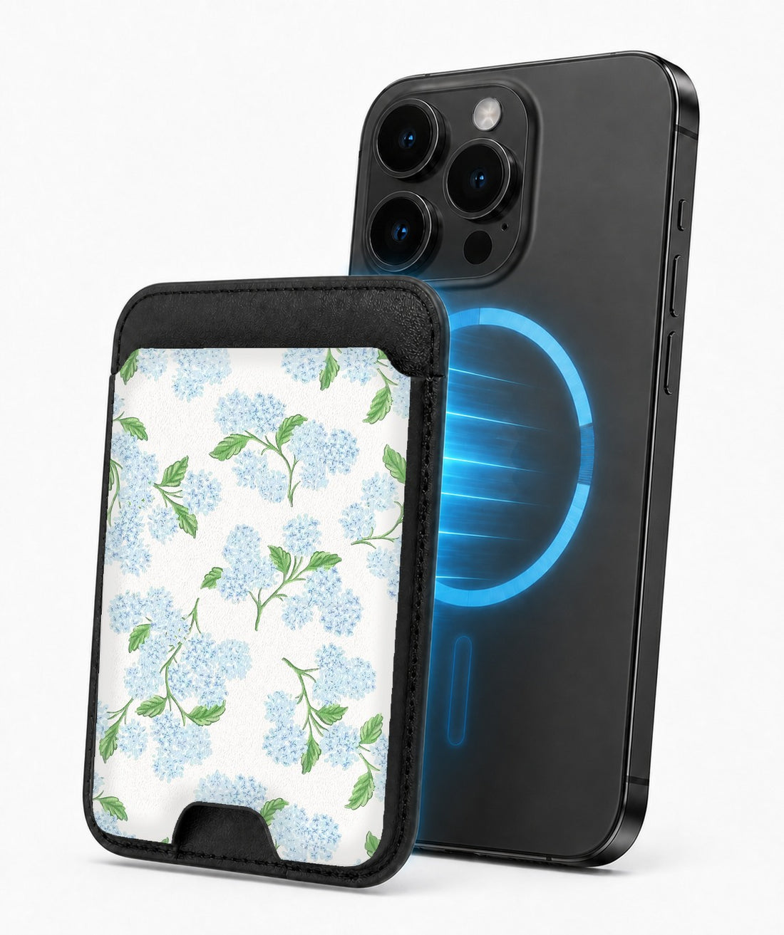 Blue Hydrangea Botanical MagSafe card holder attached to a compatible iPhone