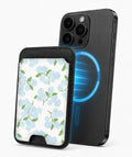 Blue Hydrangea Botanical MagSafe card holder attached to a compatible iPhone