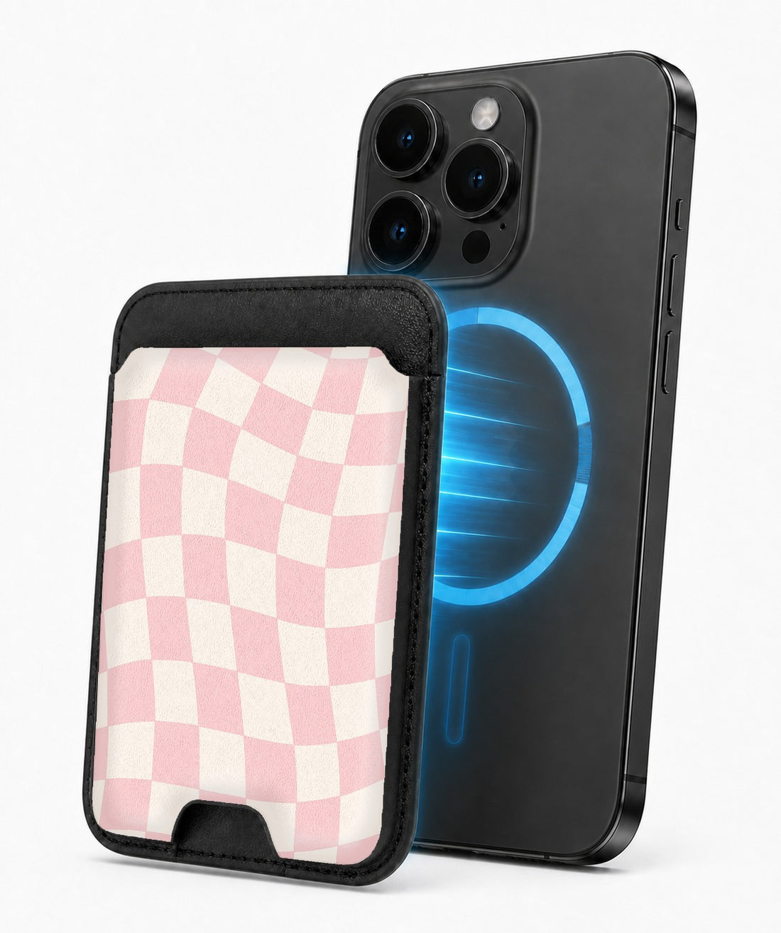 Soft Blush Wavy Checkerboard MagSafe card holder attached to a compatible iPhone