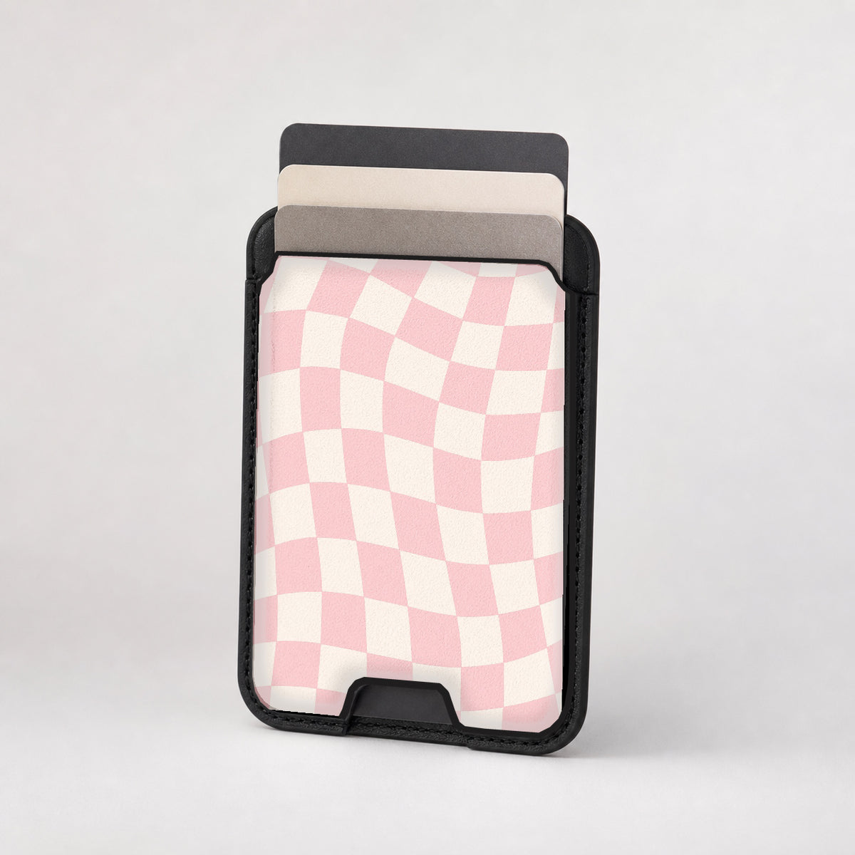 Soft Blush Wavy Checkerboard MagSafe card holder showing the patterned front